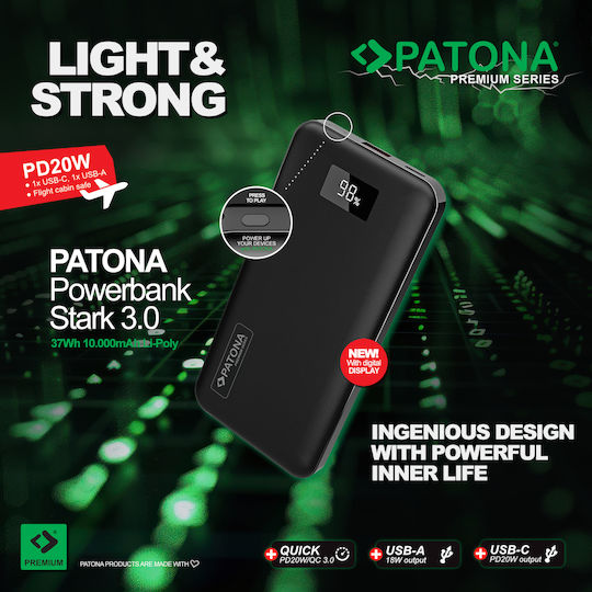 Patona Stark 3.0 Power Bank 10000mAh 20W with USB-A Port and USB-C Port Power Delivery Black vista 3