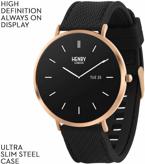 Henry London Smart Stainless Steel 43mm Smartwatch with Heart Rate Monitor (Rose & Black Silicone) view 7