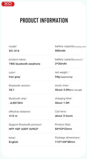 XO X14 TWS In-ear Bluetooth Handsfree Earphones with Charging Case Iron Gray vue 8