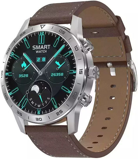 Nubi DT70 45mm Smartwatch with Heart Rate Monitor (Silver Case / Brown Leather Strap)