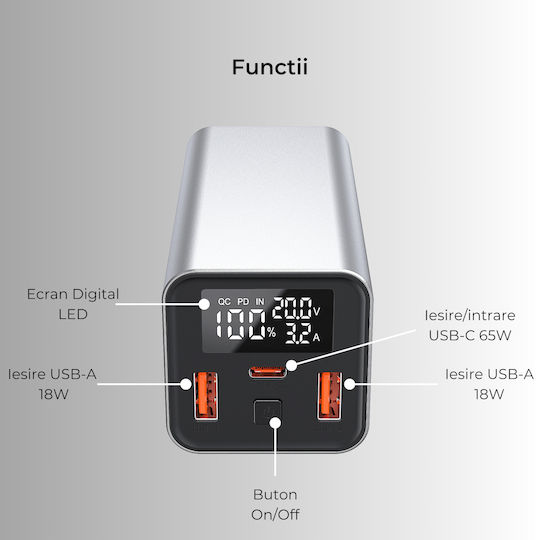 Voltres Power Bank 20000mAh 65W with 2 USB-A Ports and USB-C Power Delivery / Quick Charge 3.0 Silver view 4