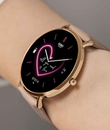 Henry London Smart Stainless Steel 43mm Smartwatch with Heart Rate Monitor (Rose & Nude Leather) view 7