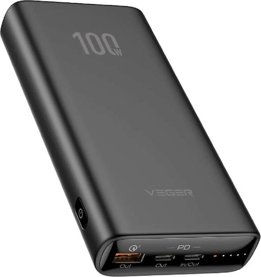 Veger T100 Power Bank 20000mAh 100W with USB-A Port and 2 USB-C Ports Power Delivery Black