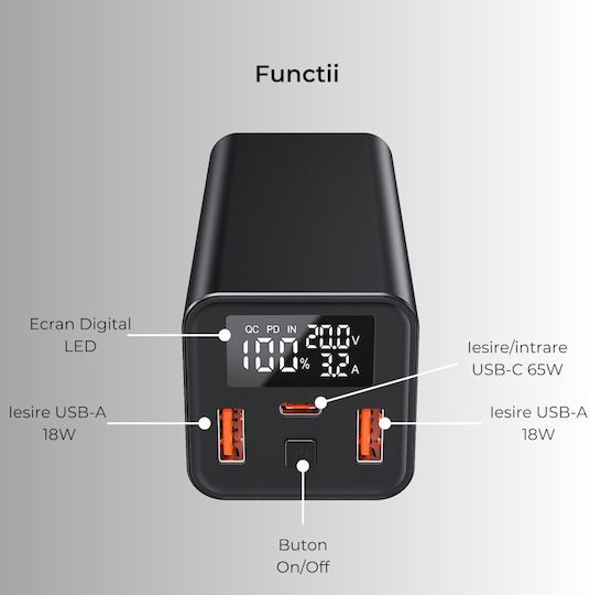 Voltres Power Bank 20000mAh 65W with 2 USB-A Ports and USB-C Port Power Delivery / Quick Charge 3.0 Black view 4