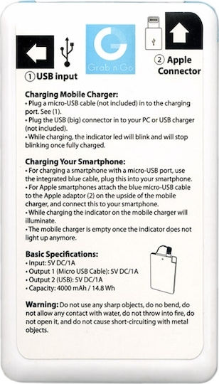 GRAB N GO GNG128 Power Bank 4000mAh with USB-A Port White vue 3