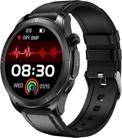 E420 1.39 Inch Color Screen Smart Watch Leather Strap Support Heart Rate Monitoring Blood Pressure Monitoring Black view 1