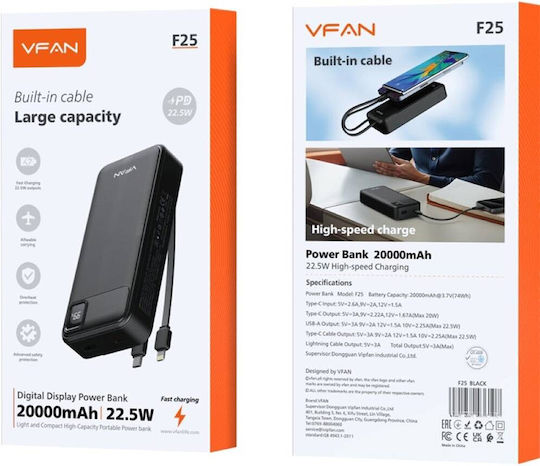 VFAN F25 Power Bank 20000mAh 22.5W with USB-A Port Black view 2