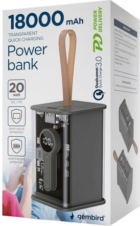 Gembird Power Bank 18000mAh 18W with USB-A Port and USB-C Port Quick Charge 3.0 Transparent view 2