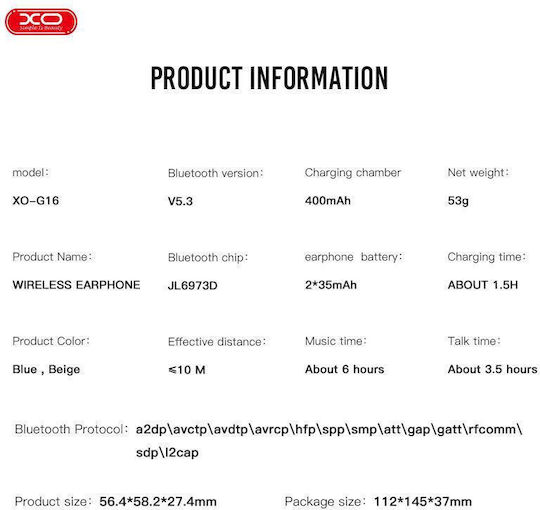 XO G16 Earbud Bluetooth Handsfree Earphones with Charging Case Blue view 5