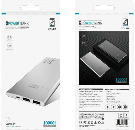 YOURZ Yourz R7 Power Bank 10000mAh with 2 USB-A Ports Silver