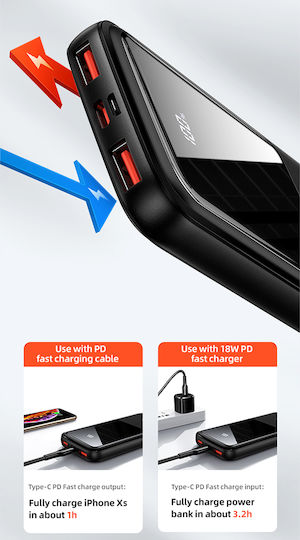Usams PB58 Power Bank 10000mAh with 2 USB-A Ports and USB-C Port Power Delivery / Quick Charge 3.0 Black view 3