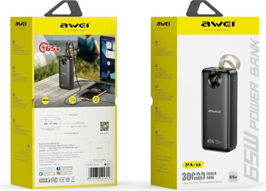 Awei PA-34 Power Bank 30000mAh 65W with 2 USB-A Ports and USB-C Port Black view 2