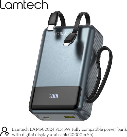 Lamtech Power Bank 20000mAh 65W With USB-A Output Port And USB-C Output Port Power Delivery Quick Charge 3.0 Black view 6