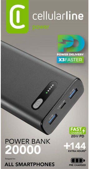 Cellular Line Fast Power Bank 20000mAh with 2 USB-A Ports and USB-C Port Power Delivery Black view 2