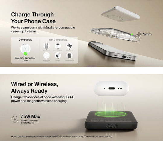 Belkin BoostCharge Slim Magnetic MagSafe Power Bank 5000mAh with USB-C Port White view 3