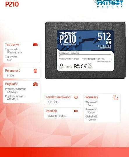 Patriot P210 SSD 512GB 2.5'' Type with SATA III Connection P210S512G25 view 4