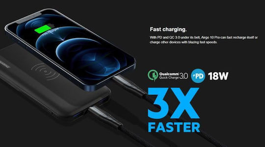 Rockrose Airgo 10 Pro Power Bank 10000mAh 18W with 2 USB-A Ports and USB-C Port Power Delivery / Quick Charge 3.0 Black view 3