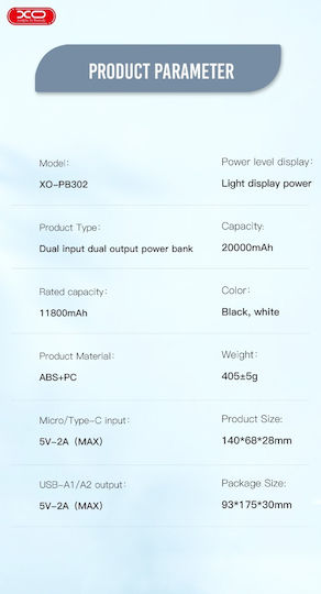 XO PB302 Power Bank 20000mAh with 2 USB-A Ports and 2 USB-C Ports Black view 4