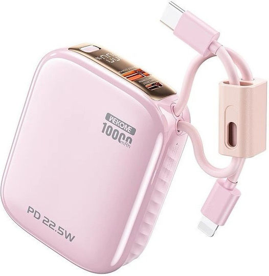 WK F97 Power Bank 10000mAh 22.5W with USB-A Port and USB-C Port Pink