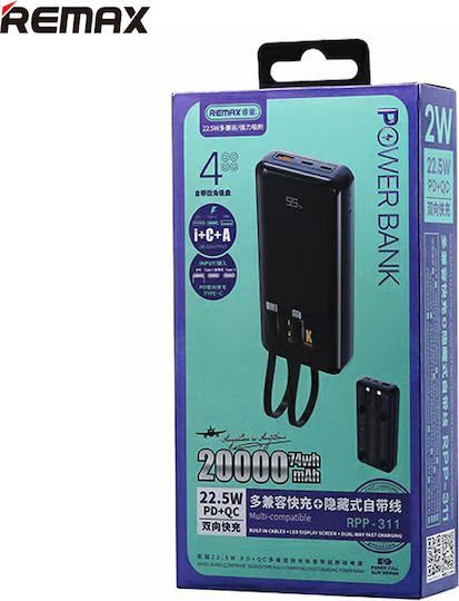 Remax RPP-311 Power Bank 20000mAh 22.5W with USB-A Port and USB-C Port Power Delivery Black view 2