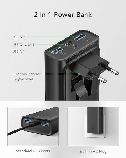 Charmast C1146L Power Bank 10000mAh 20W with 2 USB-A Ports and USB-C Port Black view 2