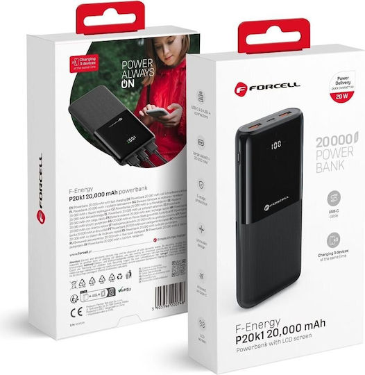 Forcell F-Energy P20k1 Power Bank 20000mAh 20W with 2 USB-A Ports and USB-C Port Power Delivery / Quick Charge 3.0 Black view 3