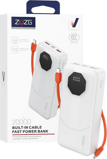 Zuzg C013p Power Bank 20000mAh Fast Charge PD 20W & QC 22.5W Built-in Cables & LED Display White view 1