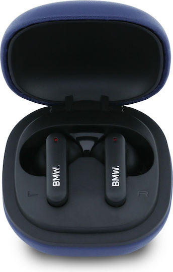 BMW Leather Metal Logo In-ear Bluetooth Handsfree Headphones with Blue Charging Case