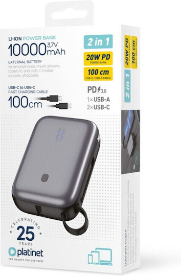 Platinet Power Bank 10000mAh 20W with USB-A Port and 2 USB-C Ports Black view 4
