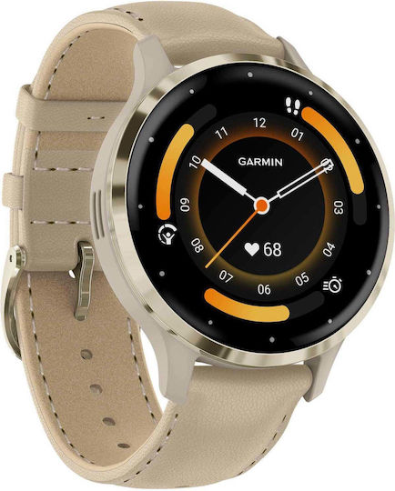 Garmin Venu 3S 41mm Waterproof Smartwatch with Heart Rate Monitor (Soft Gold Stainless Steel Bezel with French Gray Case and Leather Band) view 2