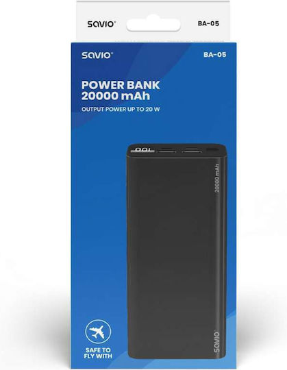 Savio BA-05 Power Bank 20000mAh with 2 USB-A Ports and USB-C Port Power Delivery Black vue 2
