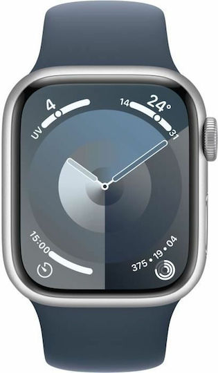 Apple Watch Series 9 Cellular Aluminium 41mm Waterproof with Heart Rate Monitor (Silver with Storm Blue Sport Band (S/M)) view 2