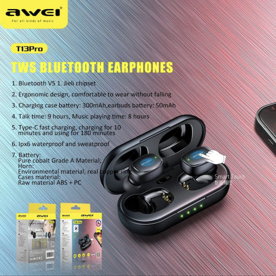 Awei T13 Pro In-ear Bluetooth Handsfree Earphones with Sweat Resistance and Charging Case Black vue 2