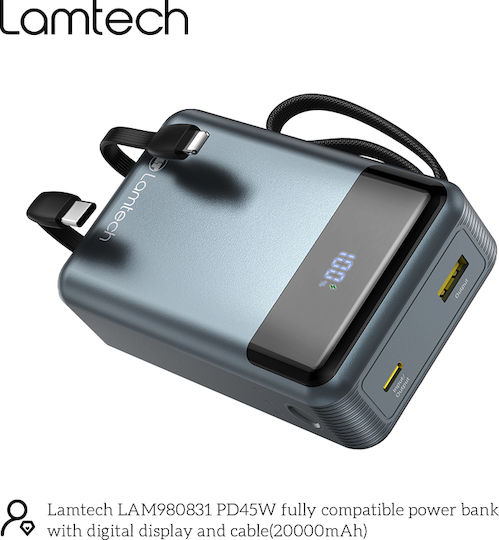 Lamtech Power Bank 20000mAh 45W With USB-A Output Port And USB-C Output Port Power Delivery Quick Charge 3.0 Black view 9