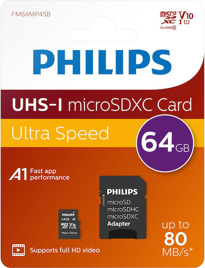Philips MicroSDXC 64GB Class 10 U1 V10 A1 UHS-I 80MB/s With Adapter view 2