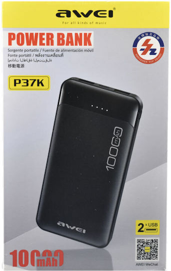 Awei P37K Power Bank 10000mAh with 2 USB-A Ports and USB-C Port Black vue 3