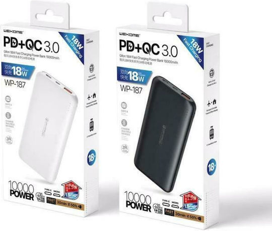 WK Gifon WP-187 Power Bank 10000mAh 18W with USB-A Port and USB-C Port Quick Charge 3.0 White view 2