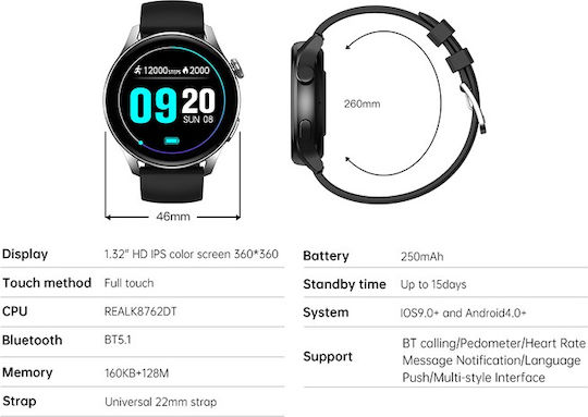 GT5 Smartwatch with Heart Rate Monitor (Black) vue 8