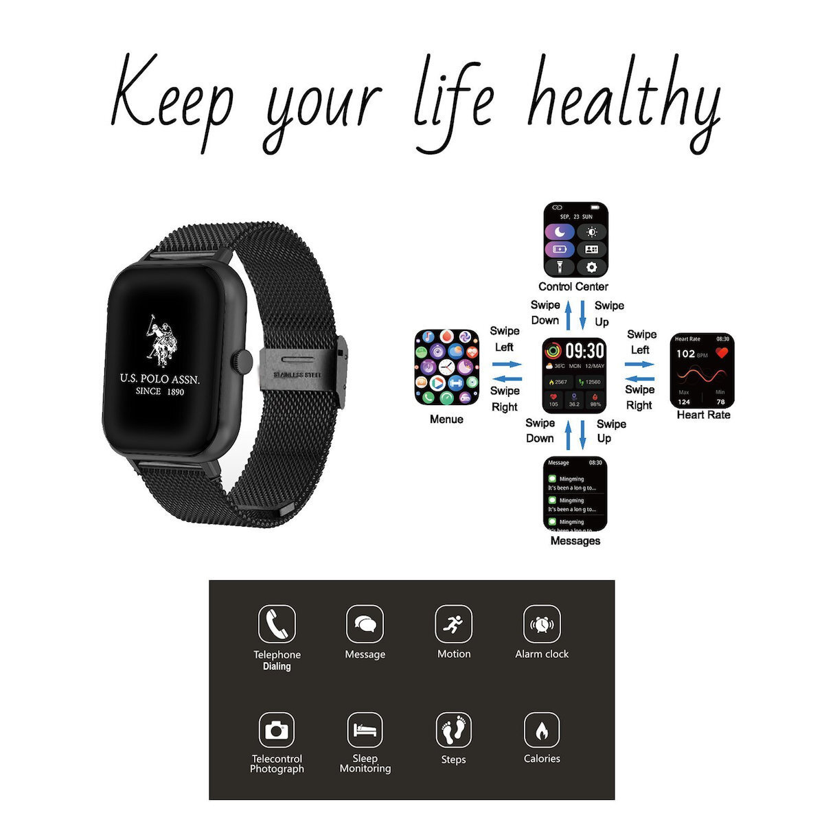 U.S. Polo Assn. Smartwatch with Heart Rate Monitor (Black) view 4