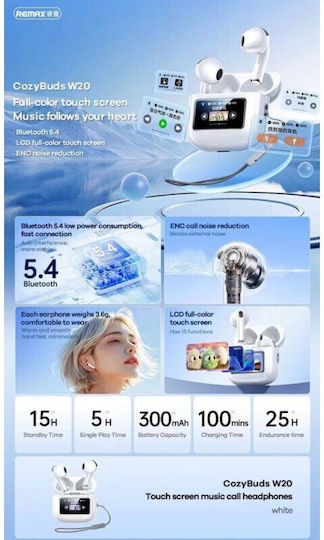 Remax CozyBuds W20 Bluetooth Handsfree Earphones with Charging Case White view 3