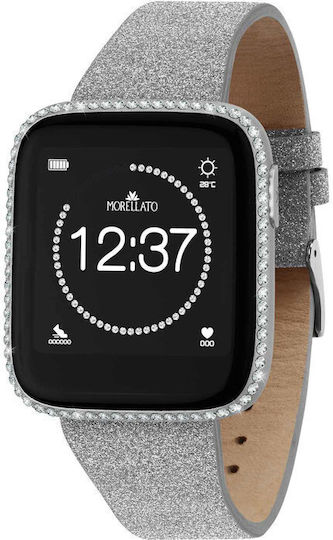 Morellato M-01 Stainless Steel Smartwatch with Heart Rate Monitor (Grey Leather Strap) view 1