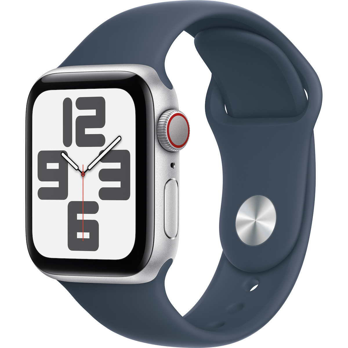 Apple Watch SE 2023 Cellular Aluminum 40mm Waterproof with eSIM and Heart Rate Monitor (Silver with Storm Blue Sport Band - M/L) view 1