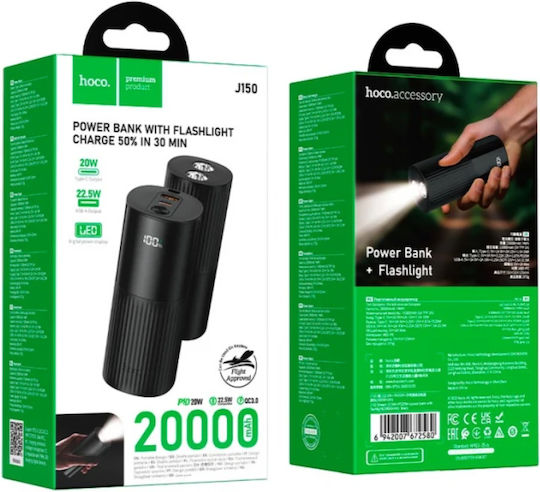 Hoco J150 Stream Power Bank 20000mAh 22.5W with USB-A Port and USB-C Port Black vue 2