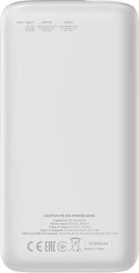 Canyon PB-301 Solar Power Bank 30000mAh 20W Power Delivery / Quick Charge 3.0 White view 3