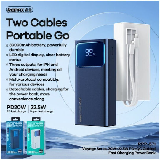 Remax RPP-571 Power Bank 30000mAh with USB-A Port Power Delivery Blue view 2