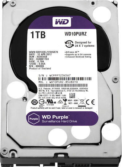 Western Digital Purple 1TB HDD Hard Drive 3.5" SATA III 5400rpm with 64MB Cache for Recorder WD10PURZ view 7