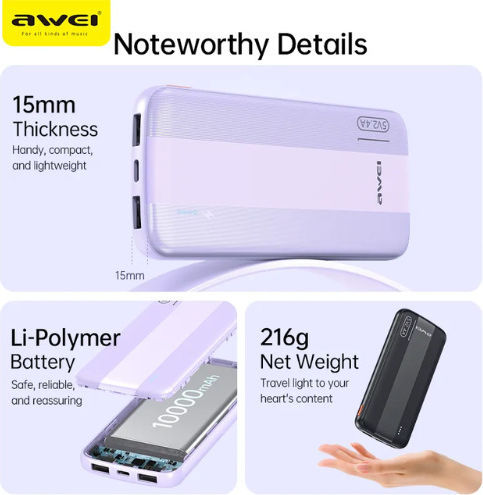 Awei P20K Power Bank 10000mAh with 2 USB-A Ports Black vue 6