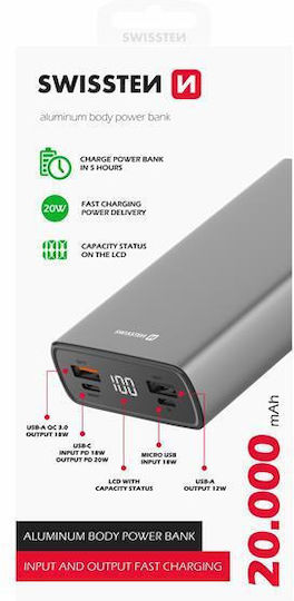 Swissten Power Bank 20000mAh with USB-A Port and 2 USB-C Ports Black view 4