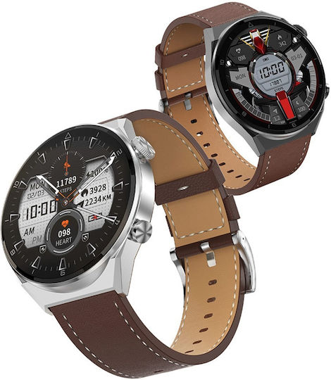 NO.1 DT3 PRO Max Smartwatch with Heart Rate Monitor (Silver Case / Brown Leather Strap) view 4
