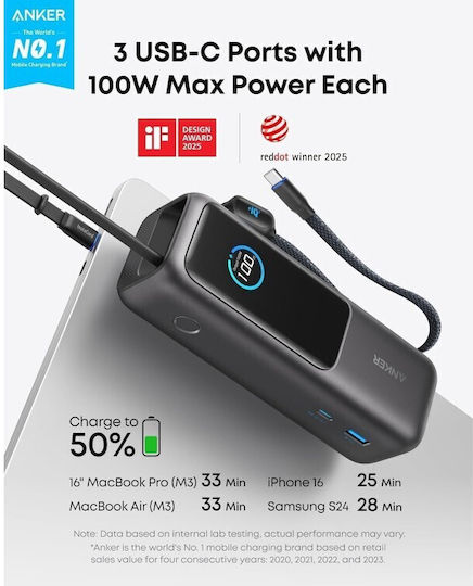 Anker A1695H11 Power Bank 25000mAh 165W with USB-A Port and 2 USB-C Ports Power Delivery Gray view 4